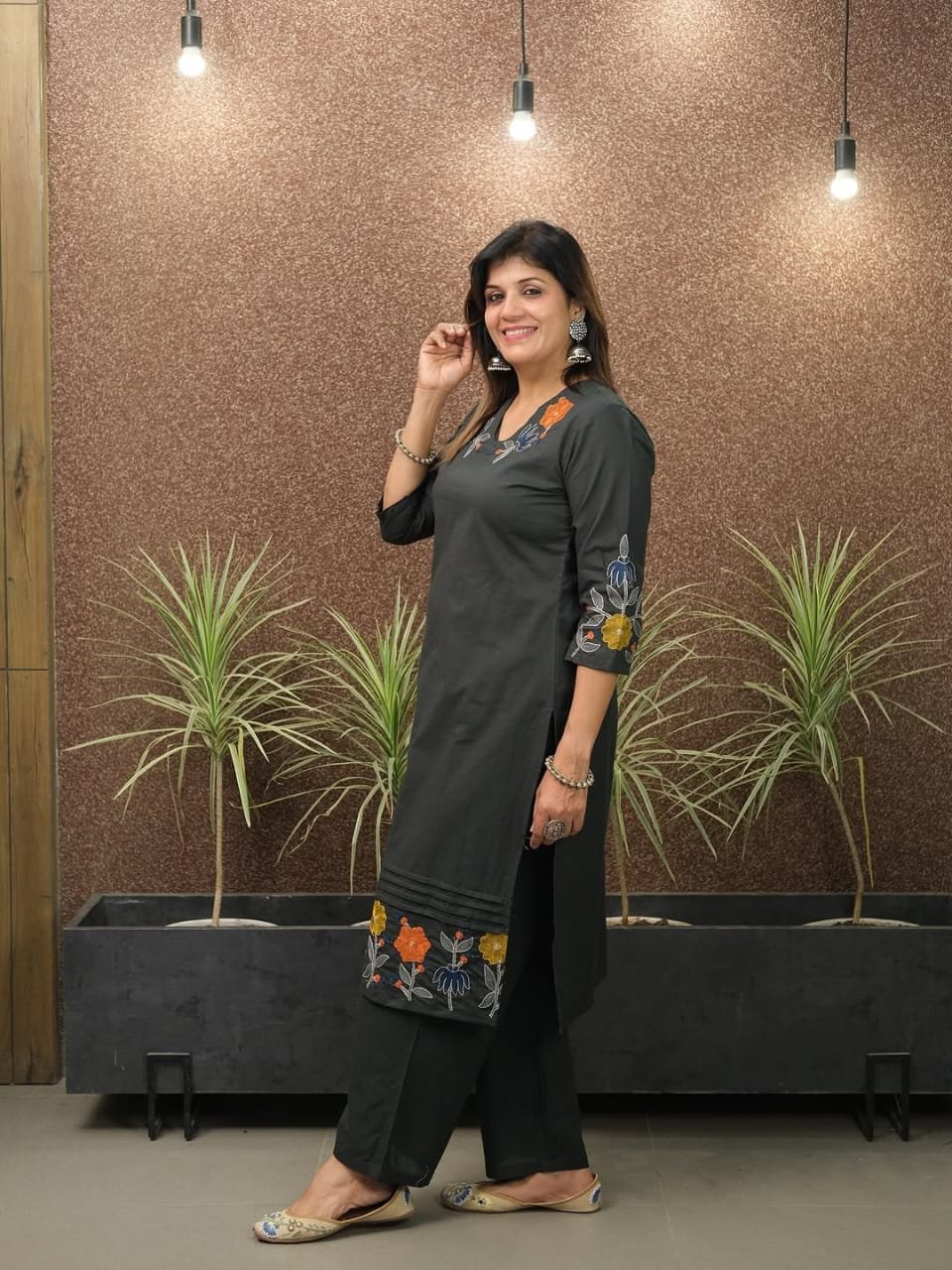 Black Cotton Embroidered Kurta Pant Set